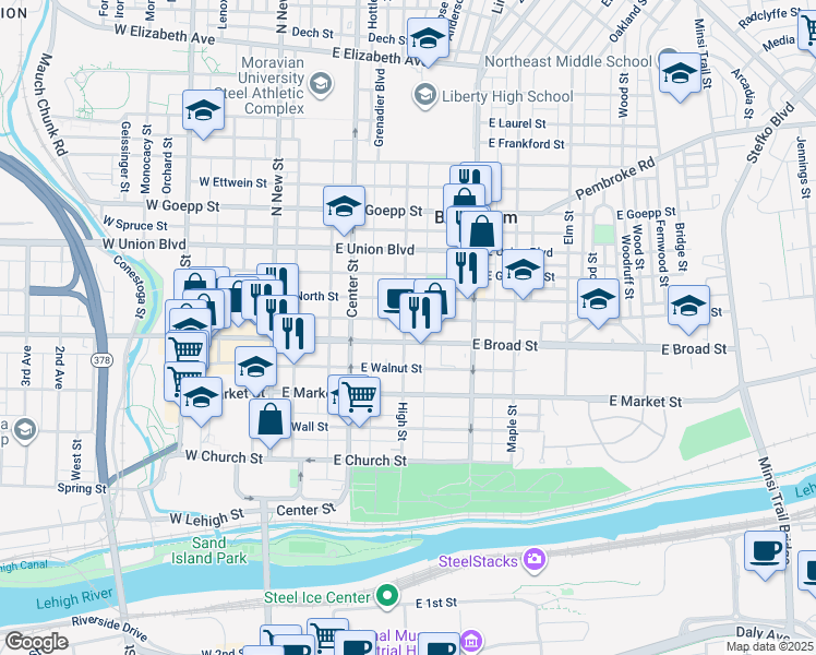 map of restaurants, bars, coffee shops, grocery stores, and more near 612 High Street in Bethlehem