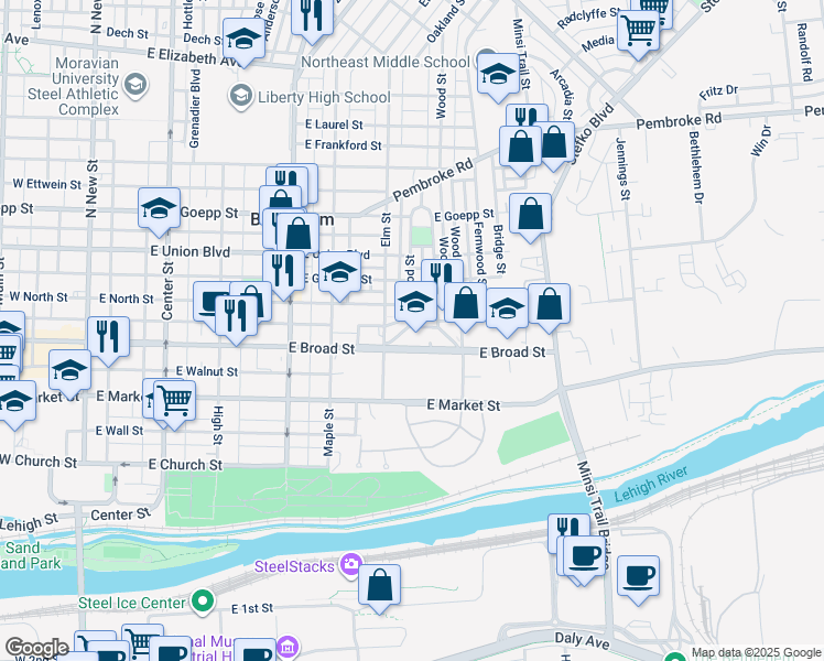 map of restaurants, bars, coffee shops, grocery stores, and more near 631 Dellwood Street in Bethlehem