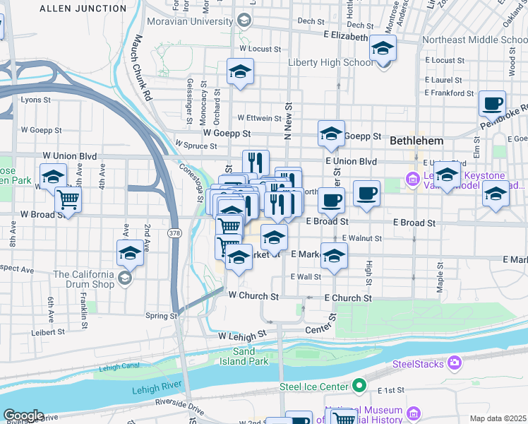 map of restaurants, bars, coffee shops, grocery stores, and more near 28 West Raspberry Street in Bethlehem