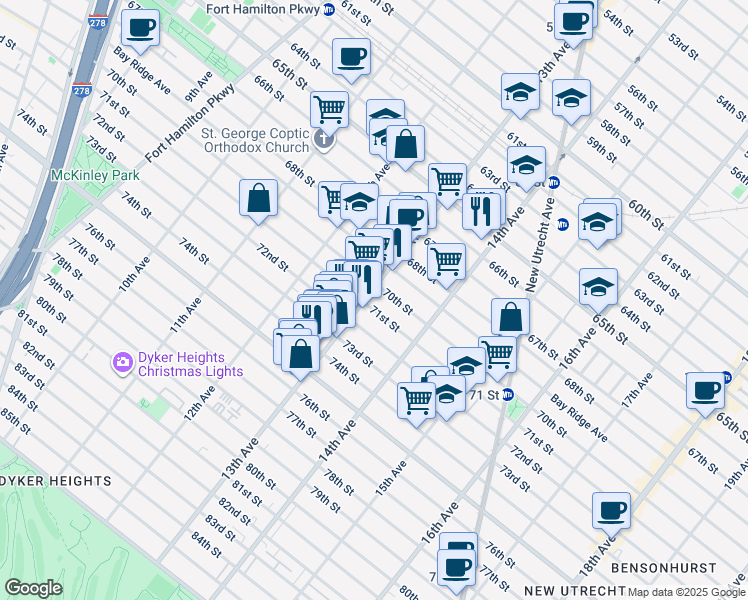 map of restaurants, bars, coffee shops, grocery stores, and more near 7011 13th Avenue in Brooklyn