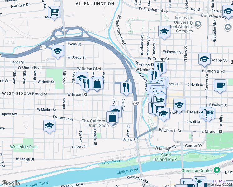 map of restaurants, bars, coffee shops, grocery stores, and more near 324 West Broad Street in Bethlehem