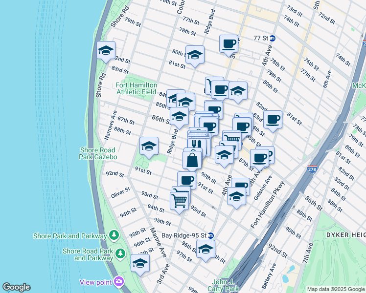 map of restaurants, bars, coffee shops, grocery stores, and more near 229 88th Street in Brooklyn