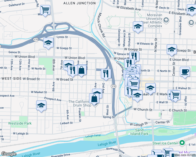 map of restaurants, bars, coffee shops, grocery stores, and more near 324 West Broad Street in Bethlehem
