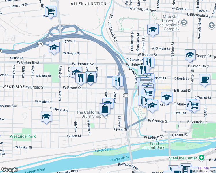 map of restaurants, bars, coffee shops, grocery stores, and more near 326 West Broad Street in Bethlehem