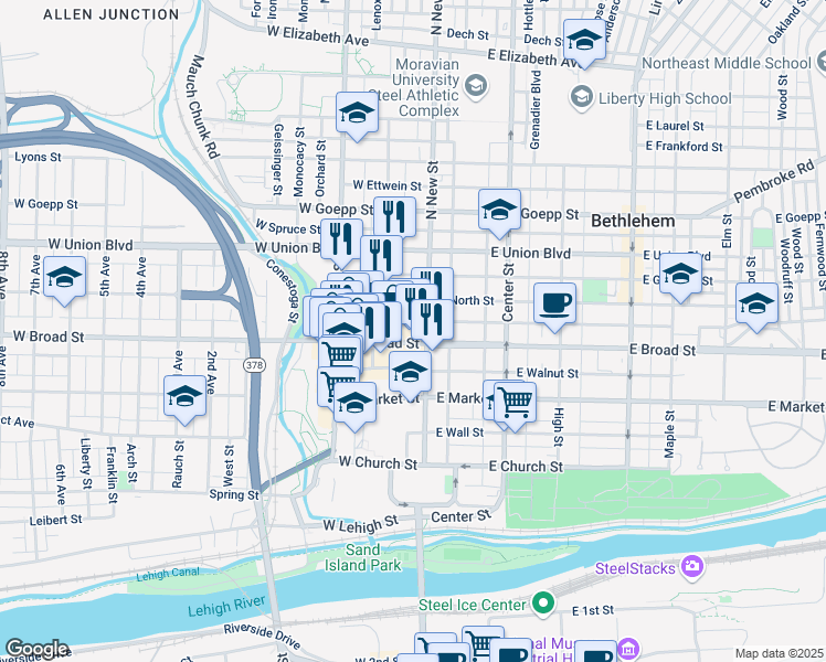 map of restaurants, bars, coffee shops, grocery stores, and more near 28 West Raspberry Street in Bethlehem