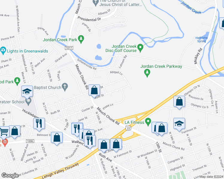map of restaurants, bars, coffee shops, grocery stores, and more near 1668 Brown Street in Allentown