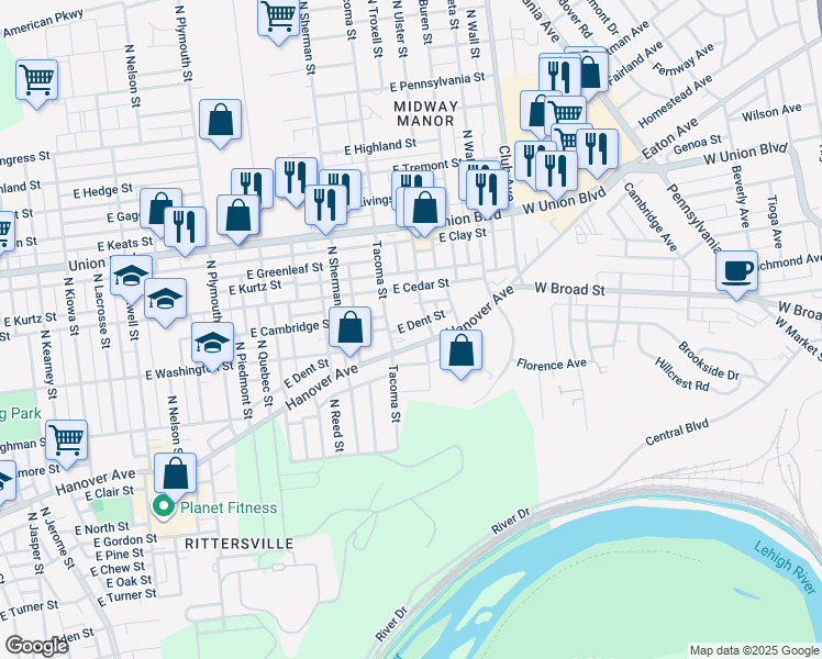 map of restaurants, bars, coffee shops, grocery stores, and more near 2029 Hanover Avenue in Allentown