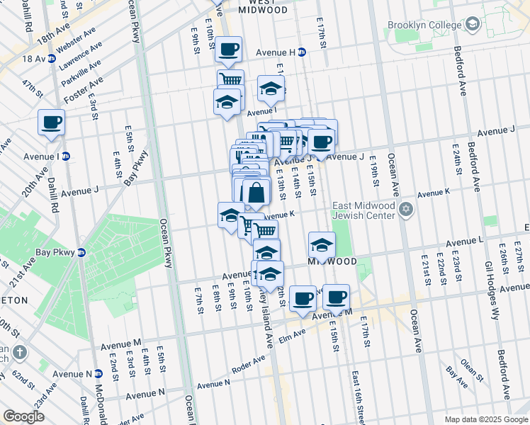 map of restaurants, bars, coffee shops, grocery stores, and more near 1123 Avenue K in Brooklyn