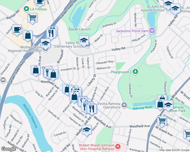 map of restaurants, bars, coffee shops, grocery stores, and more near 124 Liberty Street in Clark