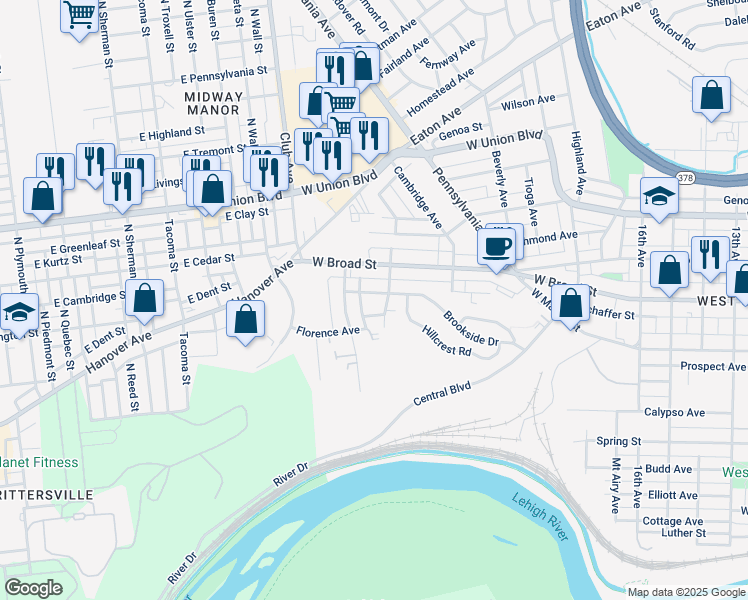 map of restaurants, bars, coffee shops, grocery stores, and more near 2115 Glendale Avenue in Bethlehem
