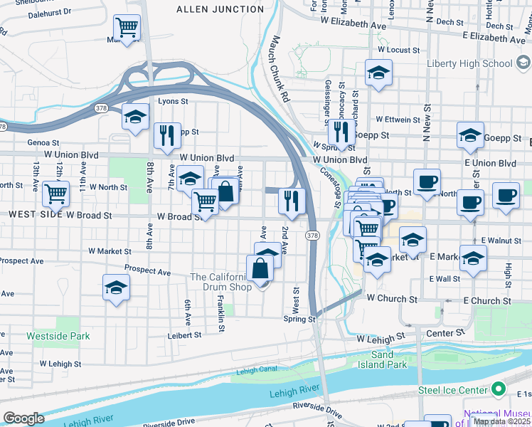 map of restaurants, bars, coffee shops, grocery stores, and more near 330 West Broad Street in Bethlehem