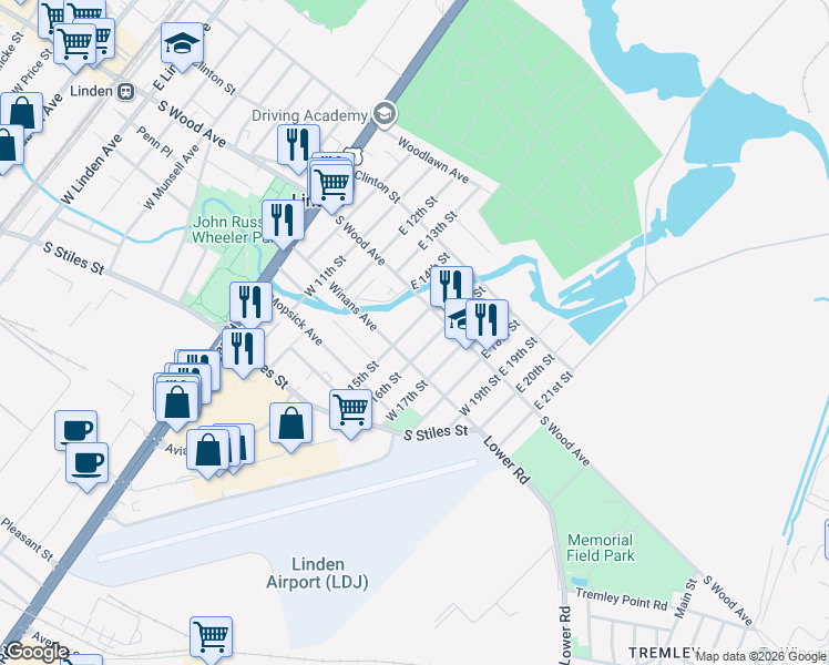 map of restaurants, bars, coffee shops, grocery stores, and more near 15 West 15th Street in Linden