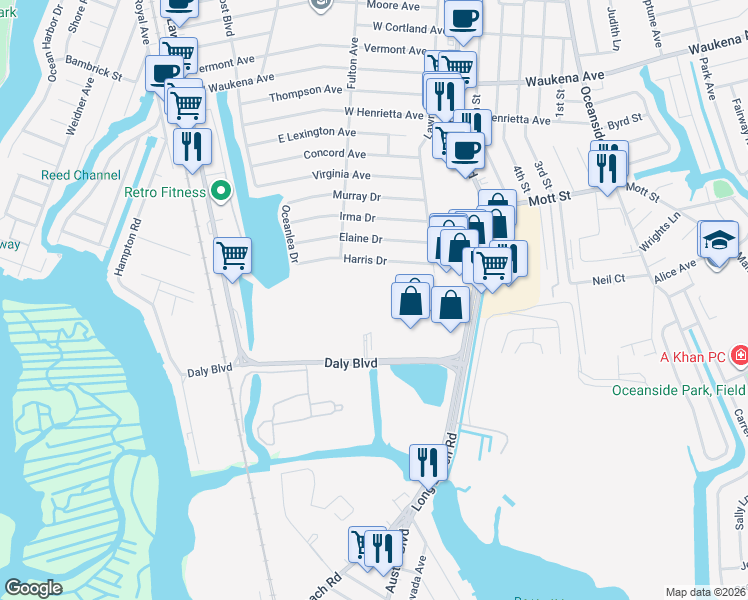 map of restaurants, bars, coffee shops, grocery stores, and more near 100 Daly Boulevard in Oceanside