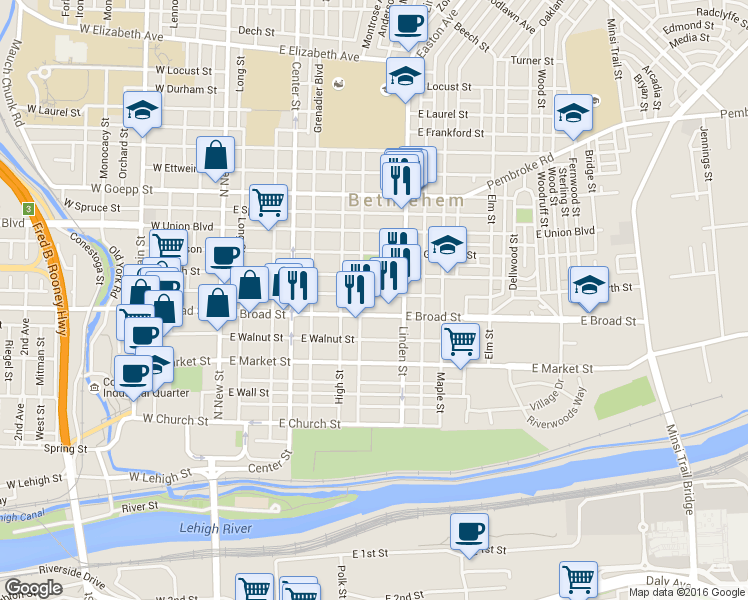 map of restaurants, bars, coffee shops, grocery stores, and more near 238 East Raspberry Street in Bethlehem