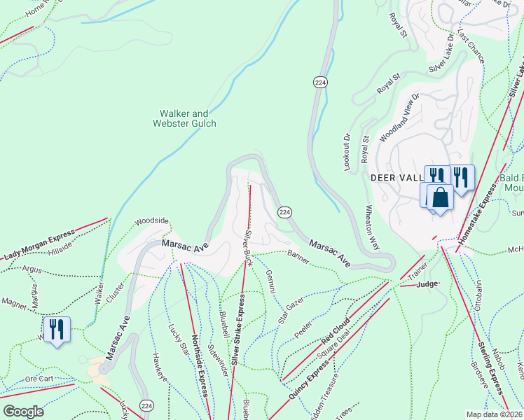 map of restaurants, bars, coffee shops, grocery stores, and more near 7714 Village Way in Park City