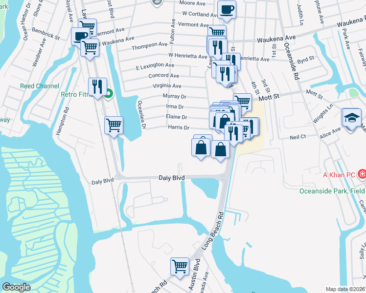 map of restaurants, bars, coffee shops, grocery stores, and more near 100 Daly Boulevard in Oceanside
