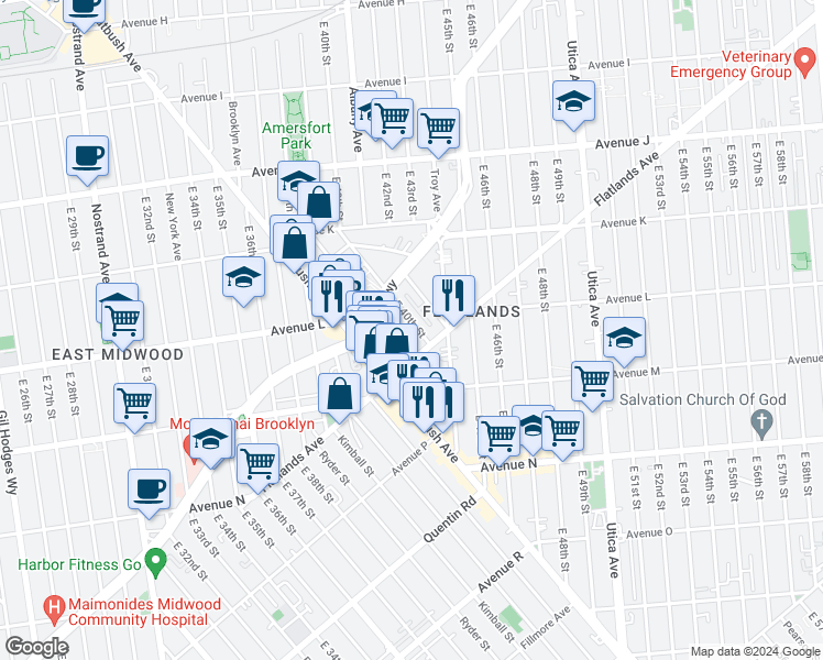 map of restaurants, bars, coffee shops, grocery stores, and more near 1334 East 40th Street in Brooklyn