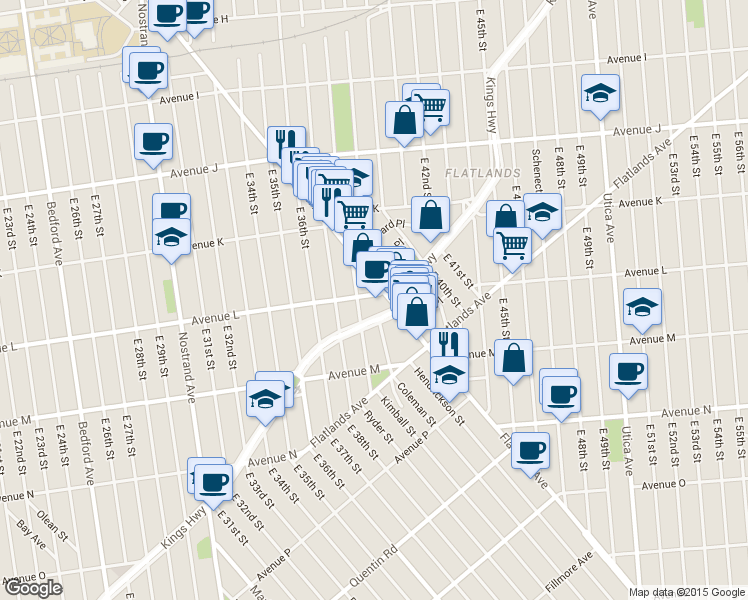 map of restaurants, bars, coffee shops, grocery stores, and more near 3815 Avenue L in Brooklyn