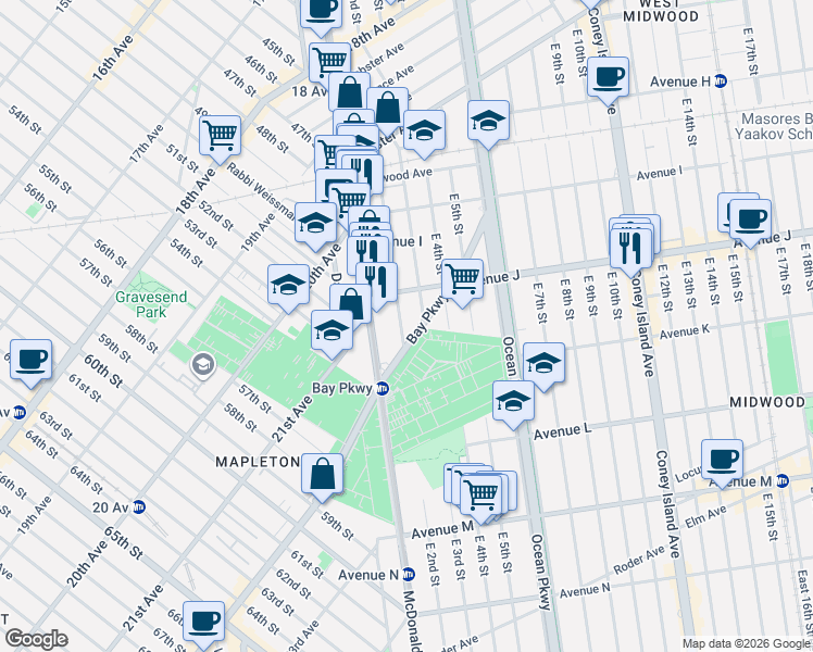 map of restaurants, bars, coffee shops, grocery stores, and more near 1144 East 3rd Street in Brooklyn