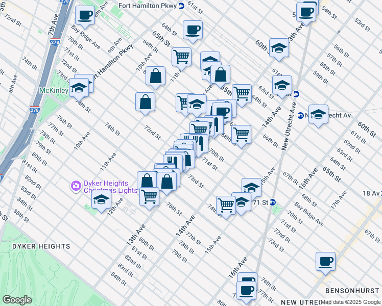 map of restaurants, bars, coffee shops, grocery stores, and more near 7118 13th Avenue in Brooklyn