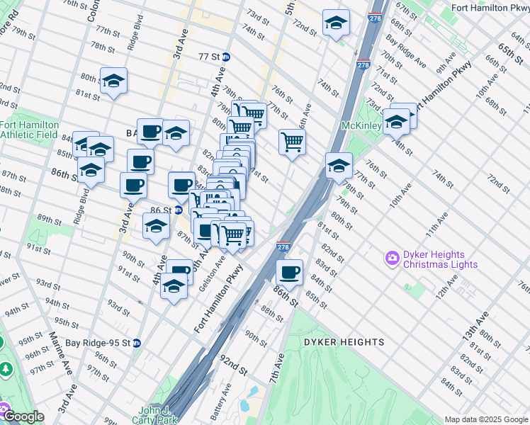 map of restaurants, bars, coffee shops, grocery stores, and more near 551 83rd Street in Brooklyn