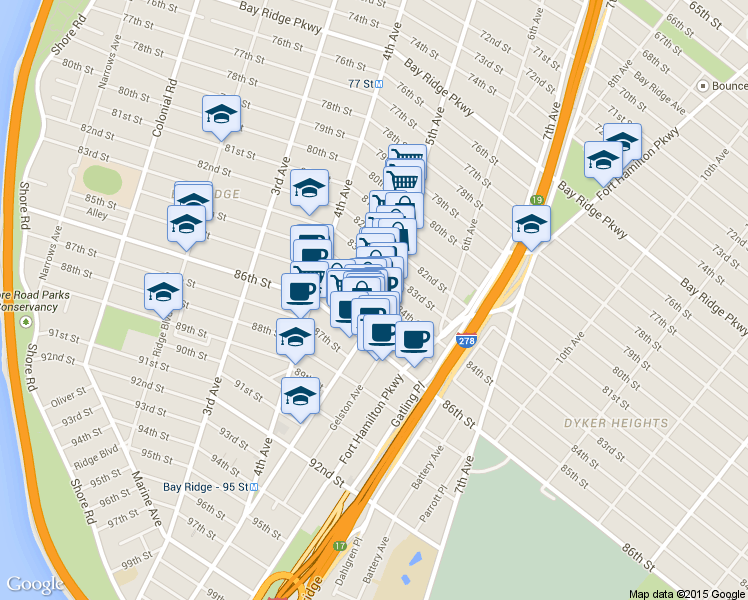 map of restaurants, bars, coffee shops, grocery stores, and more near 8325 5th Avenue in Brooklyn