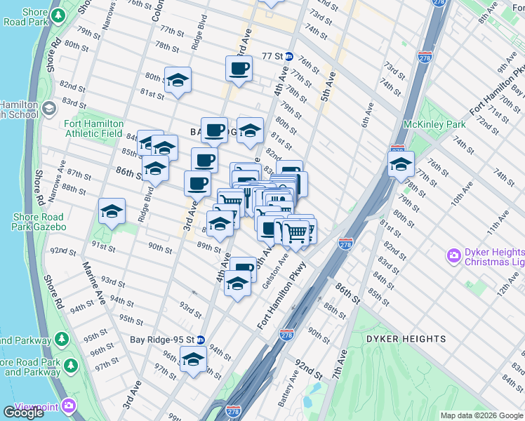 map of restaurants, bars, coffee shops, grocery stores, and more near 451 85th Street in Brooklyn