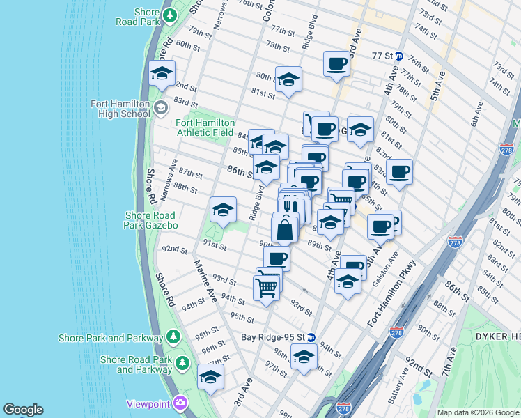 map of restaurants, bars, coffee shops, grocery stores, and more near 8601 Ridge Boulevard in Brooklyn