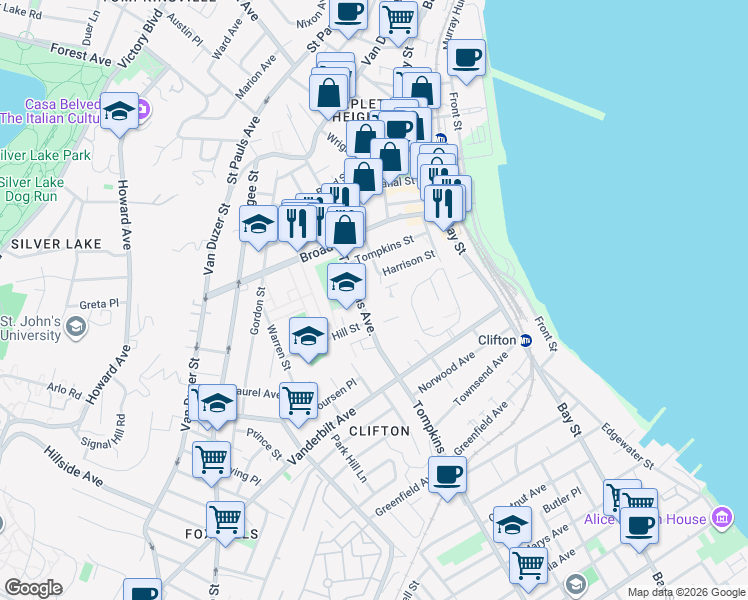 map of restaurants, bars, coffee shops, grocery stores, and more near 101 Tompkins Avenue in Staten Island