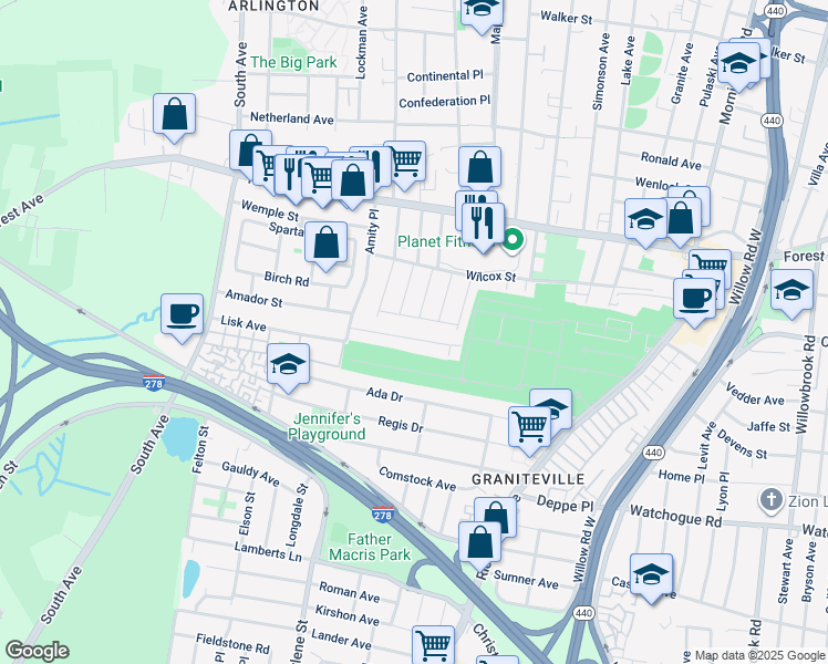 map of restaurants, bars, coffee shops, grocery stores, and more near 76 Benjamin Drive in Staten Island