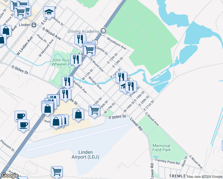 map of restaurants, bars, coffee shops, grocery stores, and more near 15 West 15th Street in Linden