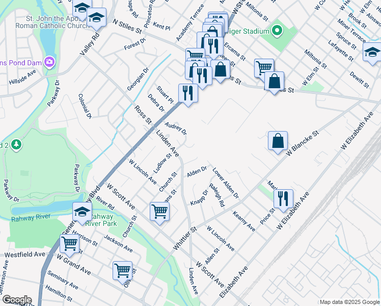 map of restaurants, bars, coffee shops, grocery stores, and more near 662 Cora Place in Rahway