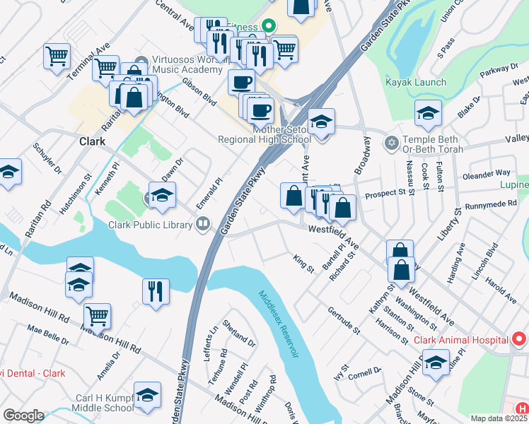 map of restaurants, bars, coffee shops, grocery stores, and more near 35 Denman Avenue in Clark