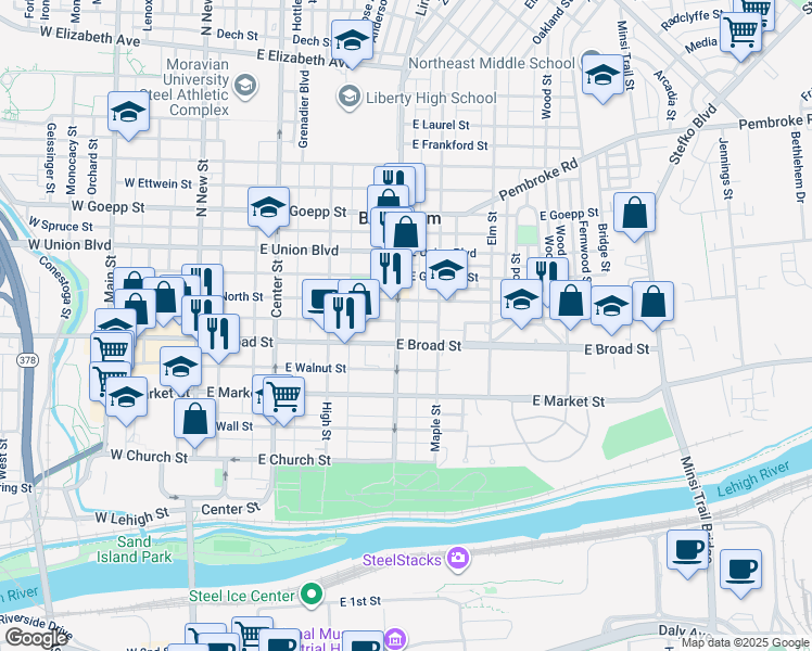 map of restaurants, bars, coffee shops, grocery stores, and more near 616 Linden Street in Bethlehem