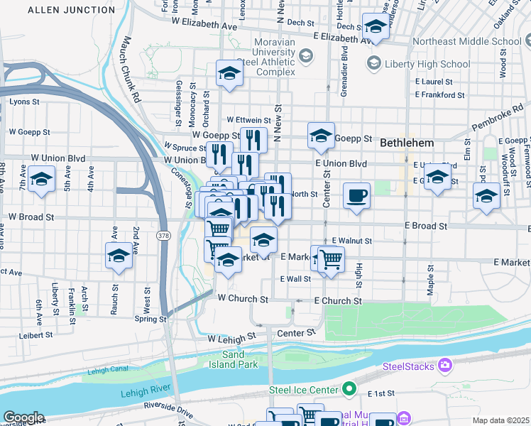 map of restaurants, bars, coffee shops, grocery stores, and more near 28 West Raspberry Street in Bethlehem