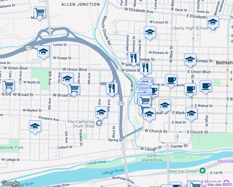 map of restaurants, bars, coffee shops, grocery stores, and more near 204 West Broad Street in Bethlehem