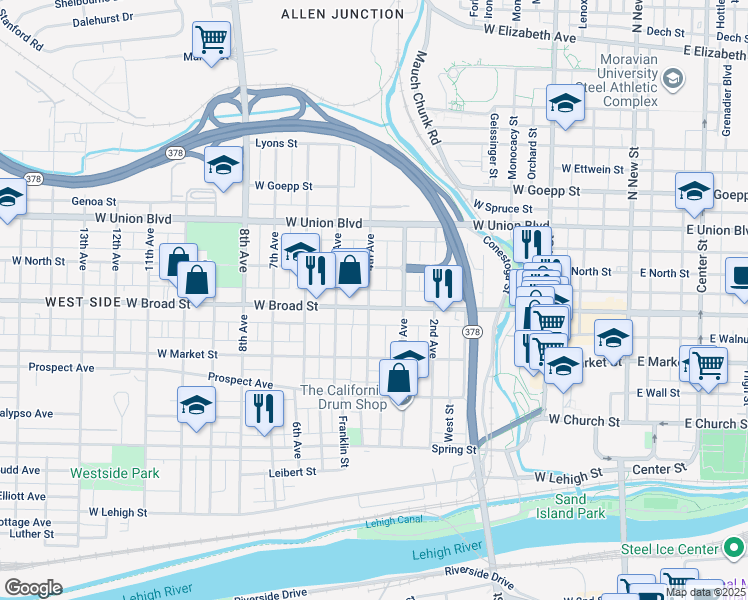 map of restaurants, bars, coffee shops, grocery stores, and more near 621 4th Avenue in Bethlehem