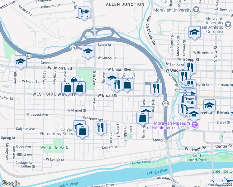 map of restaurants, bars, coffee shops, grocery stores, and more near 617 5th Avenue in Bethlehem