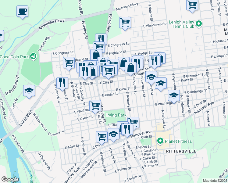 map of restaurants, bars, coffee shops, grocery stores, and more near 857 North Jasper Street in Allentown