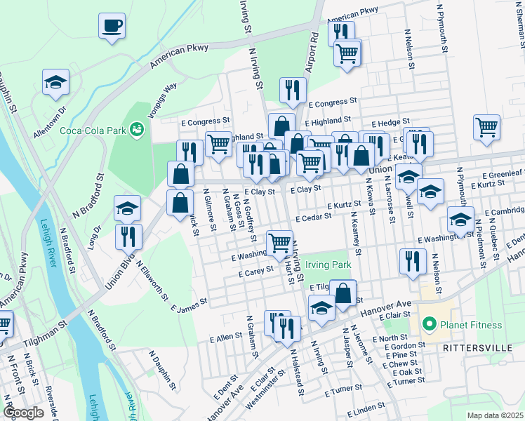 map of restaurants, bars, coffee shops, grocery stores, and more near 871 North Halstead Street in Allentown