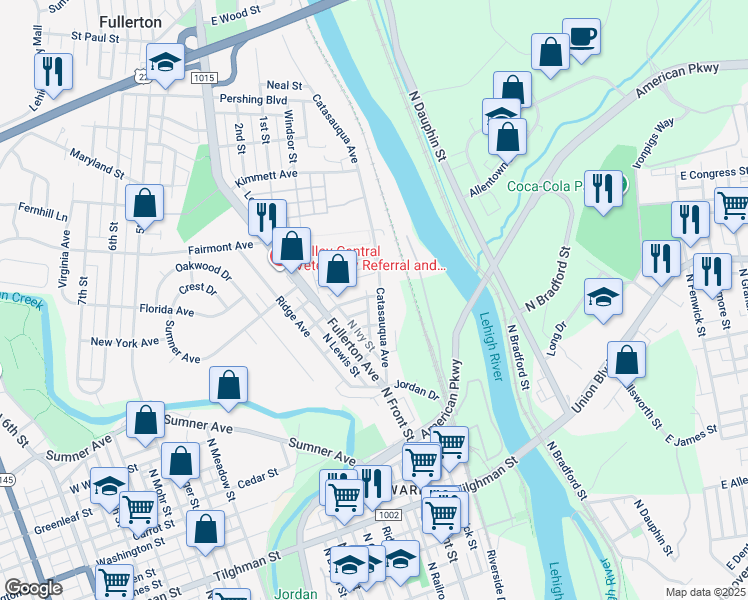 map of restaurants, bars, coffee shops, grocery stores, and more near 19 Lincoln Street in Allentown