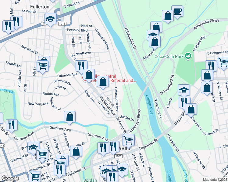 map of restaurants, bars, coffee shops, grocery stores, and more near 19 Lincoln Street in Allentown