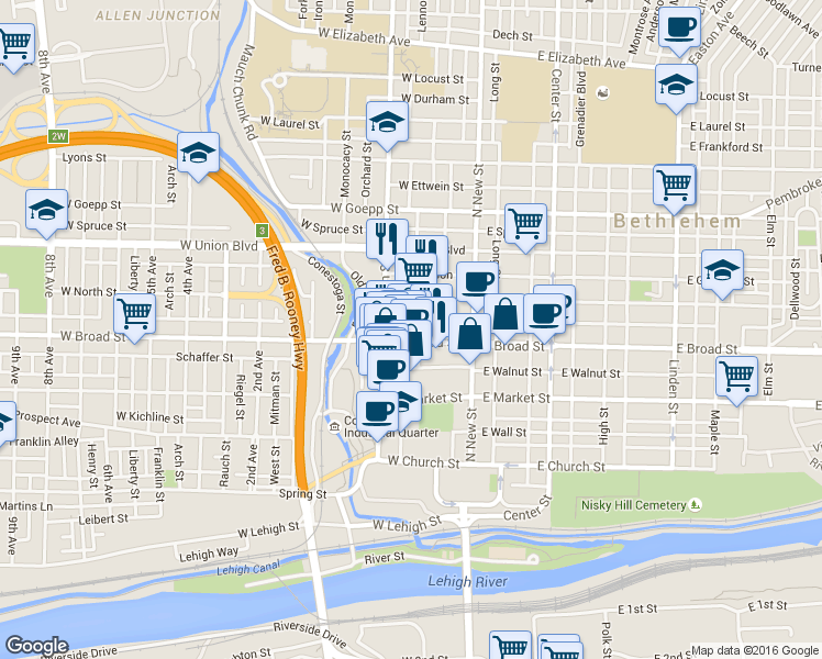 map of restaurants, bars, coffee shops, grocery stores, and more near in Bethlehem