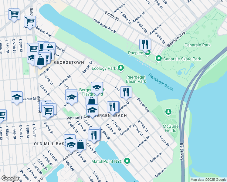 map of restaurants, bars, coffee shops, grocery stores, and more near 1277 East 74th Street in Brooklyn