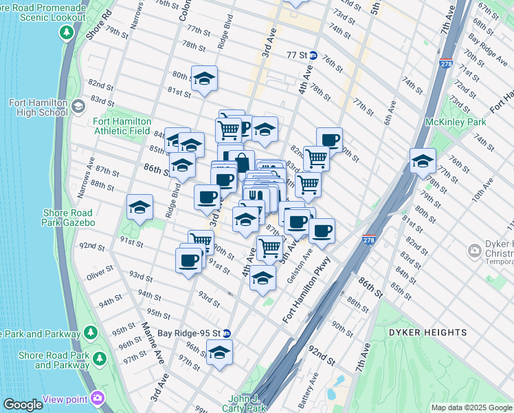 map of restaurants, bars, coffee shops, grocery stores, and more near 151 86th Street in Brooklyn