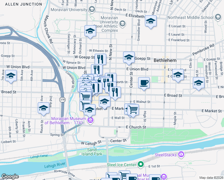 map of restaurants, bars, coffee shops, grocery stores, and more near 21 East Raspberry Street in Bethlehem