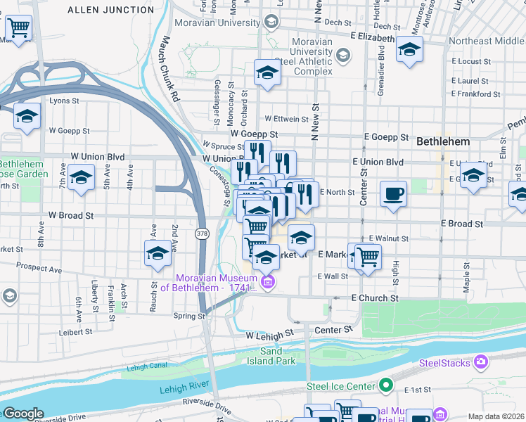 map of restaurants, bars, coffee shops, grocery stores, and more near 74 West Broad Street in Bethlehem