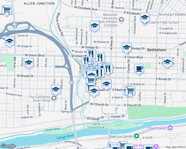 map of restaurants, bars, coffee shops, grocery stores, and more near 74 West Broad Street in Bethlehem