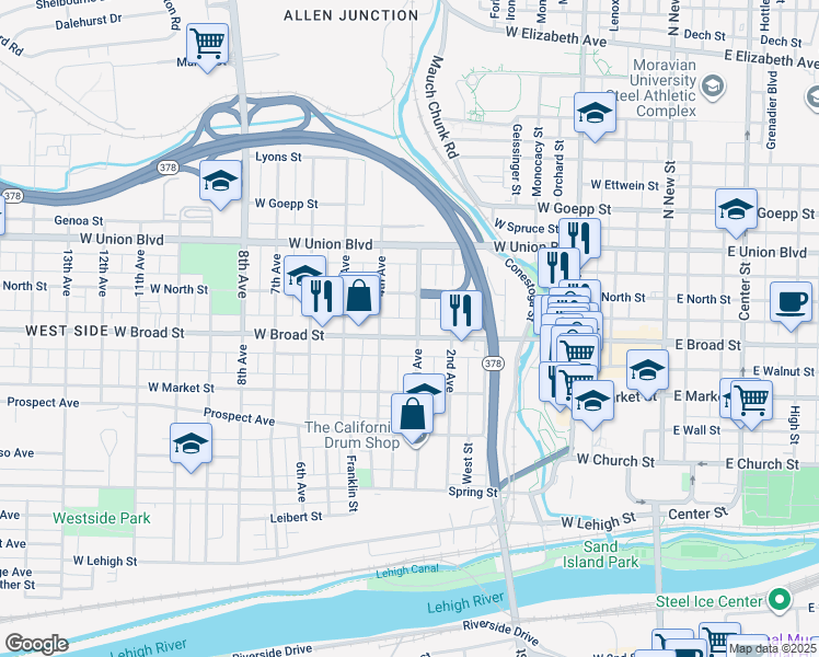 map of restaurants, bars, coffee shops, grocery stores, and more near 406 West Broad Street in Bethlehem