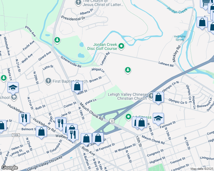 map of restaurants, bars, coffee shops, grocery stores, and more near 1647 1/2 North 16th Street in Allentown